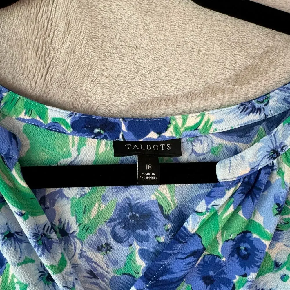 Talbots Dress Womens 18 Blue Green Floral Smocked Midi Cottagecore Ruffle Hem - Picture 6 of 7